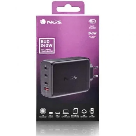 CARGADOR PARED GaN 3xUSB-C + USB-A 240W NEGRO NGS CARGADOR PARED GaN 3xUSB-C + USB-A 240W NEGRO NGS